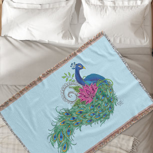 Peacock Blue Lotus Flower Henna Throw Blanket