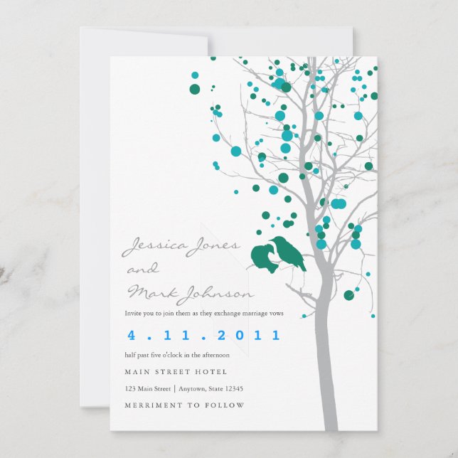 Peacock Blue Love Birds in Tree with Grey Leaves Invitation (Front)