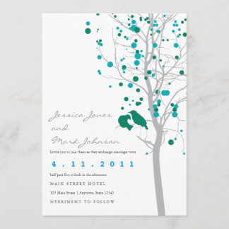 Peacock Blue Love Birds in Tree with Grey Leaves Invitation