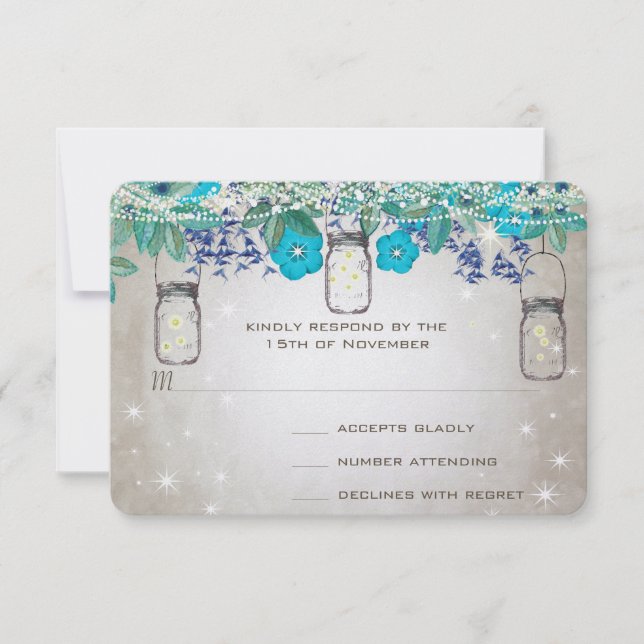 Peacock Blue Mason Jar Navy Turquoise RSVP Card (Front)