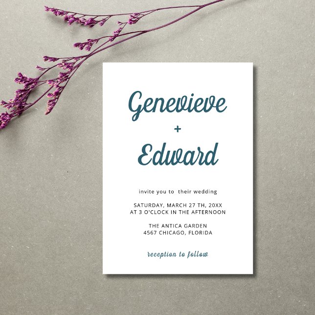 Peacock Blue Minimal Modern Calligraphy Wedding Invitation (Creator Uploaded)