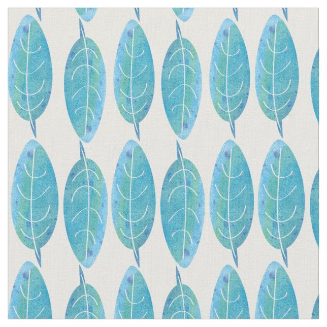 Peacock blue modern watercolor leaf design fabric (Close Up)