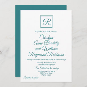 Peacock Blue Monogrammed Wedding Invitation