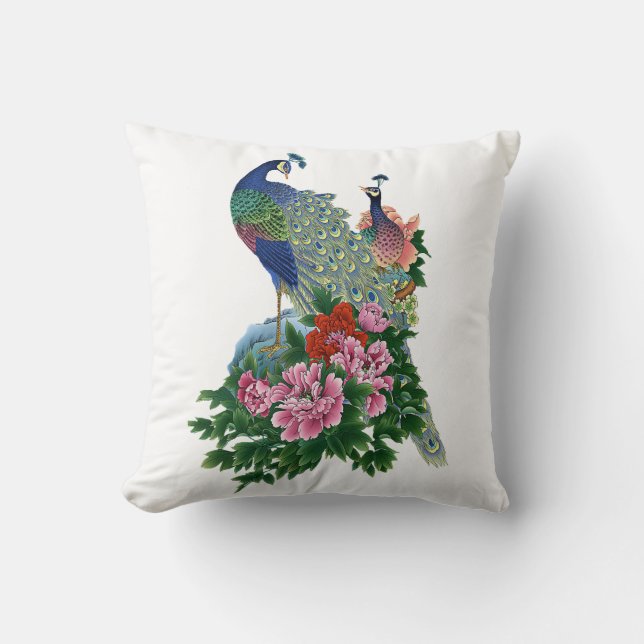 Peacock Blue Pink Roses Green Flowers Floral Bird Cushion (Front)
