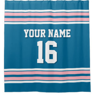 Peacock Blue, Pink White Stripes Sports Jersey Shower Curtain