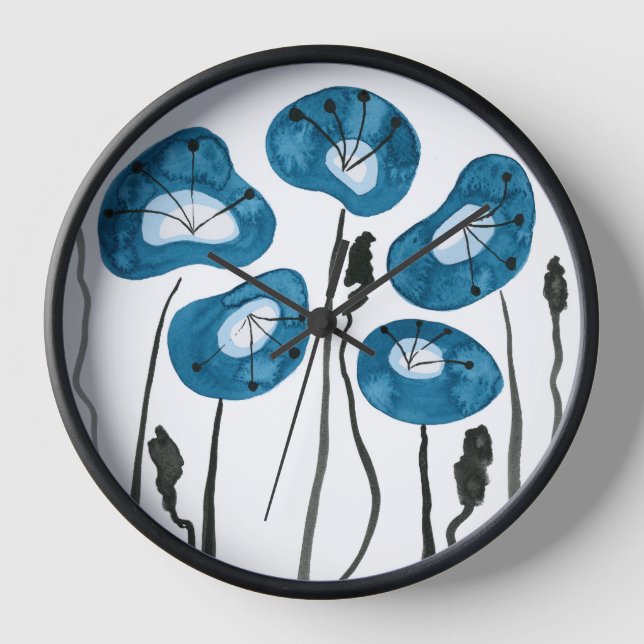 Peacock Blue Poppies, Abstract Watercolor Flowers Clock (Front)