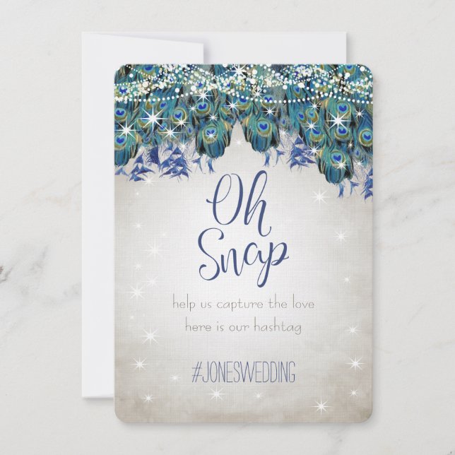 Peacock Blue Silver OH Snap Wedding Hashtag Cards (Front)