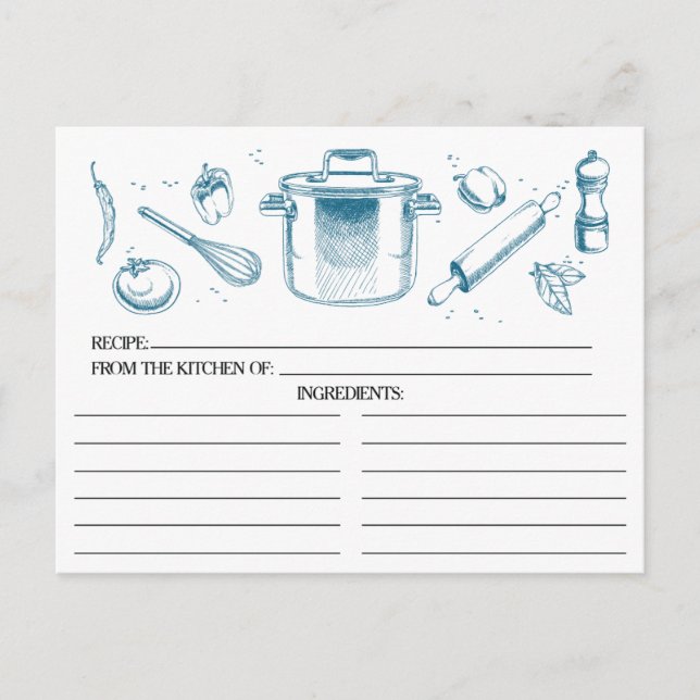 Peacock Blue Sketched Kitchen Tools Recipe Cards (Front)