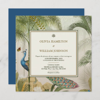 Peacock Blue Square Tropical Peacock Palm Wedding Invitation