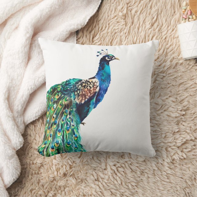Peacock Blue Teal Bird White Cushion (Blanket)