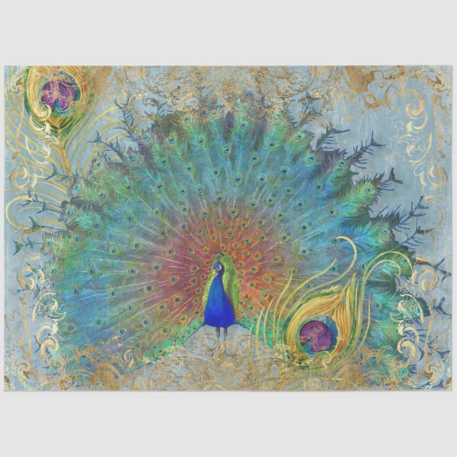 Peacock Blue Teal Gold Rococo Scroll Feathers Tissue Paper (Front)