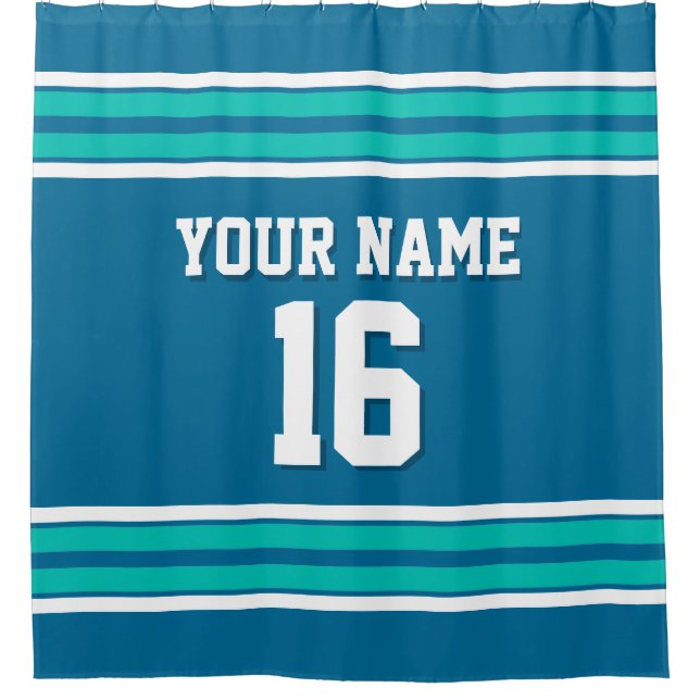 Peacock Blue Teal White Stripes Sports Jersey Shower Curtain (Front)