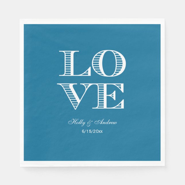 Peacock Blue, White LOVE Napkins (Front)