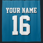 Peacock Blue White Sports Jersey Team Jersey Shower Curtain<br><div class="desc">Preppy Solid Colour Team Jersey / Sports Jersey / Football Jersey / Rugby Jersey with Custom Name Customise this with your own name or team name and a number. You can change the size, colour and placement of the text if you need to make changes, change the colour of or...</div>