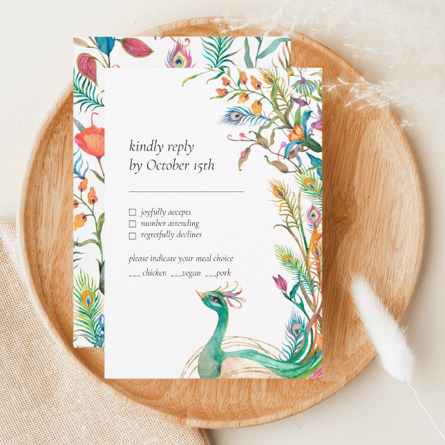 Peacock Botanical Floral Vibrant Colourful RSVP Enclosure Card (Creator Uploaded)