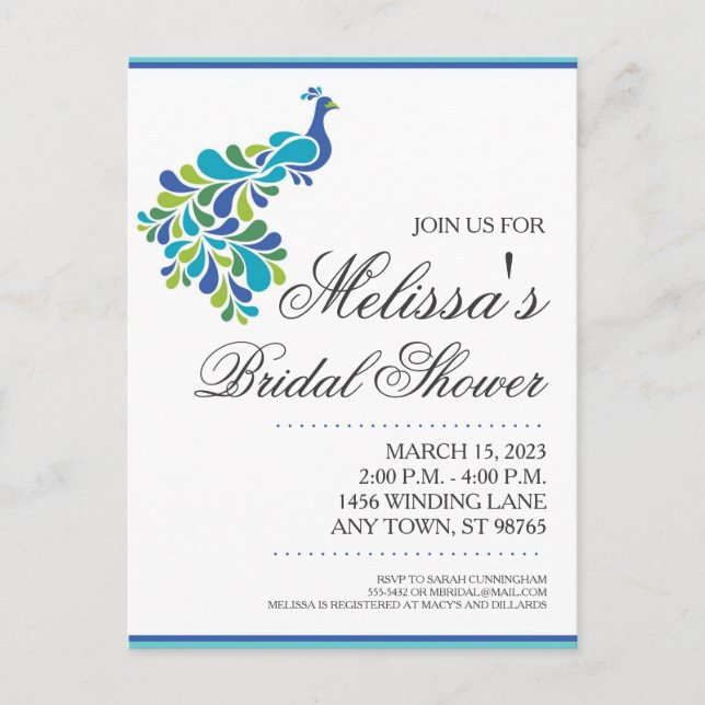 Peacock Bridal Shower Invitation Postcard (Front)