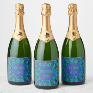 Peacock Bright Teal Blue Custom Birthday  Sparkling Wine Label