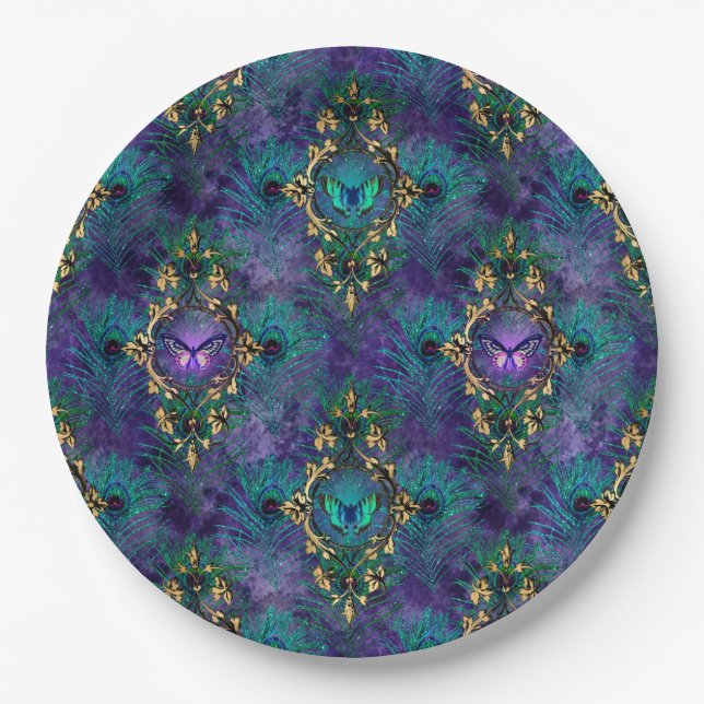 Peacock Butterflies Wedding Supplies Paper Plates (Front)