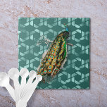 Peacock By D'Orbigny  Tile<br><div class="desc">Vintage peacock by the 19th century naturalist and artist Charles D'Orbigny. The background is green hexagons.</div>