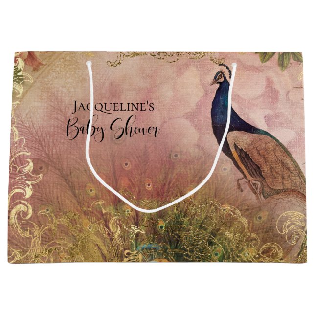Peacock Chinoiserie Peony Floral Baby Girl Shower Large Gift Bag (Front)