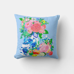 Peacock Chinoiserie vase with peonies and roses T Cushion