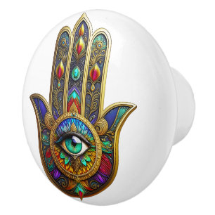 Peacock Color Flower Petals Hamsa Green Third Eye Ceramic Knob