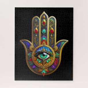 Peacock Color Flower Petals Hamsa Green Third Eye Jigsaw Puzzle