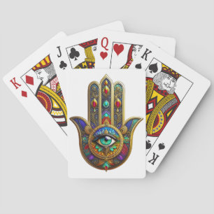 Peacock Color Flower Petals Hamsa Green Third Eye Playing Cards