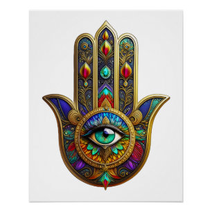 Peacock Color Flower Petals Hamsa Green Third Eye Poster