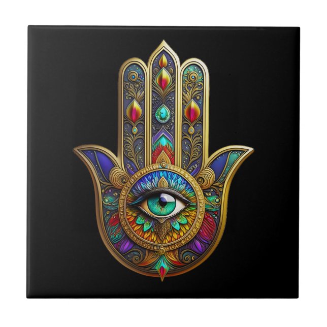 Peacock Color Flower Petals Hamsa Green Third Eye Tile (Front)