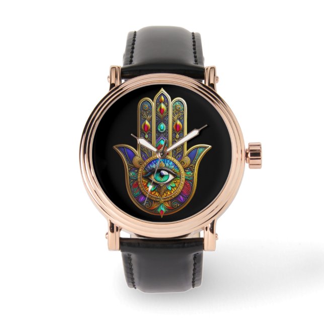 Peacock Color Flower Petals Hamsa Green Third Eye Watch (Front)