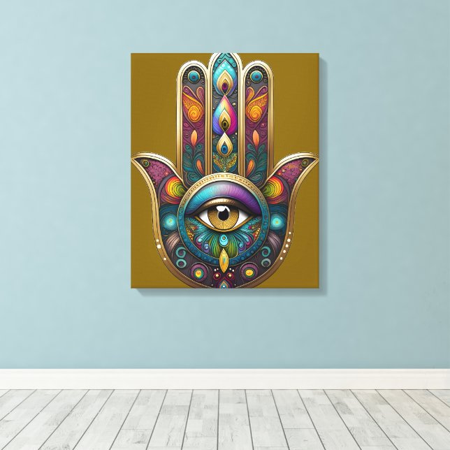 Peacock Colors Hamsa w/ Gold Third Eye Canvas Print (Insitu(Wood Floor))