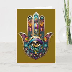 Peacock Colors Hamsa w/ Gold Third Eye Card