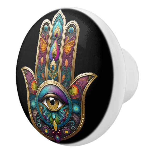 Peacock Colors Hamsa w/ Gold Third Eye Ceramic Knob (Right)
