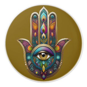Peacock Colors Hamsa w/ Gold Third Eye Ceramic Knob