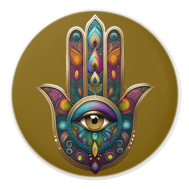 Peacock Colors Hamsa w/ Gold Third Eye Ceramic Knob (Front)