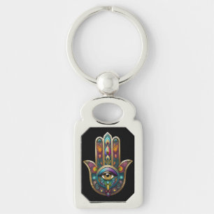 Peacock Colors Hamsa w/ Gold Third Eye Key Ring