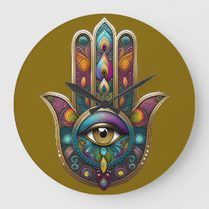 Peacock Colors Hamsa w/ Gold Third Eye Large Clock