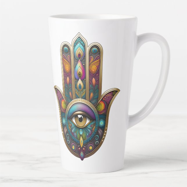 Peacock Colors Hamsa w/ Gold Third Eye Latte Mug (Right)