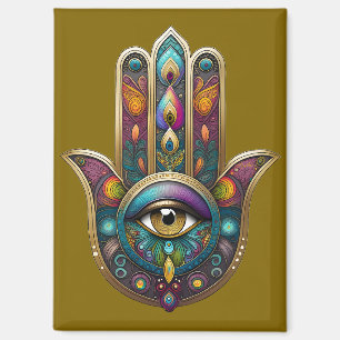 Peacock Colors Hamsa w/ Gold Third Eye Magnet