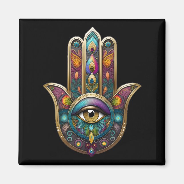 Peacock Colors Hamsa w/ Gold Third Eye Magnet (Front)