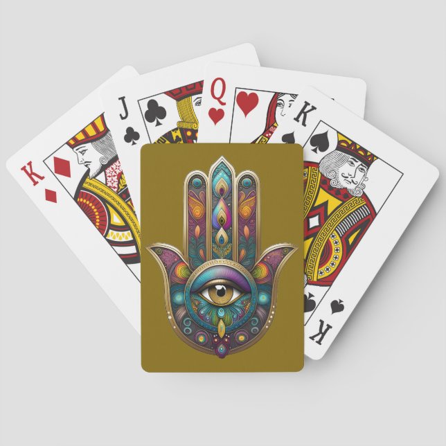 Peacock Colors Hamsa w/ Gold Third Eye Playing Cards (Back)