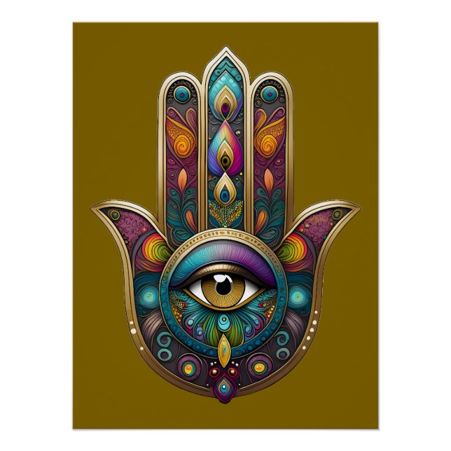 Peacock Colors Hamsa w/ Gold Third Eye Poster (Front)