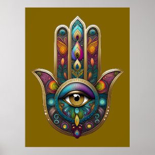 Peacock Colors Hamsa w/ Gold Third Eye Poster