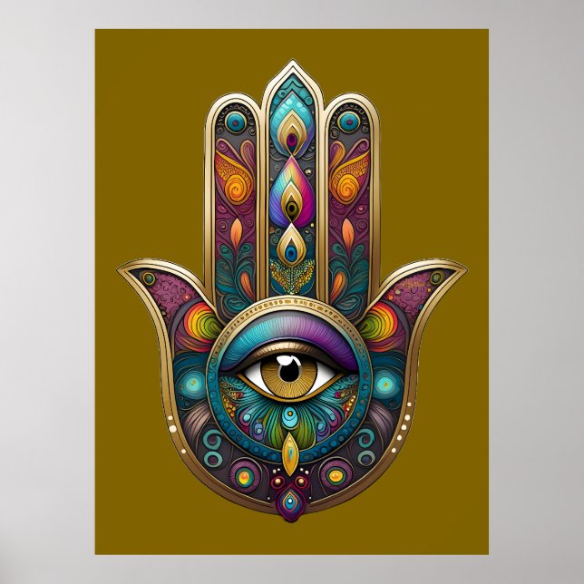 Peacock Colors Hamsa w/ Gold Third Eye Poster (Front)