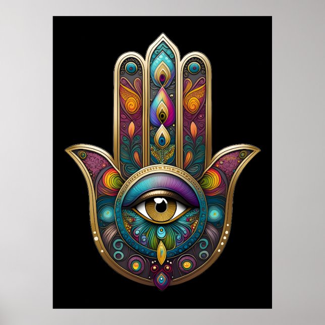 Peacock Colors Hamsa w/ Gold Third Eye Poster (Front)