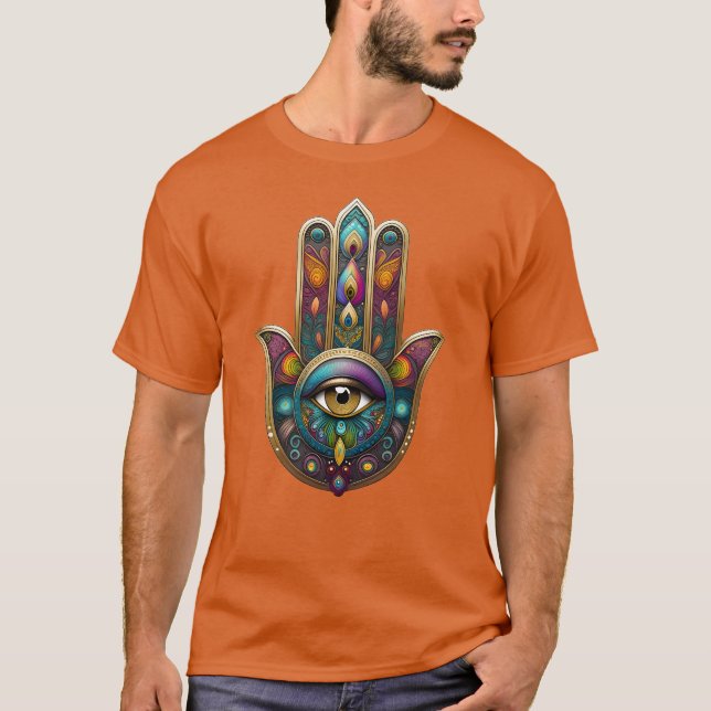 Peacock Colors Hamsa w/ Gold Third Eye T-Shirt (Front)