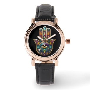 Peacock Colors Hamsa w/ Gold Third Eye Watch