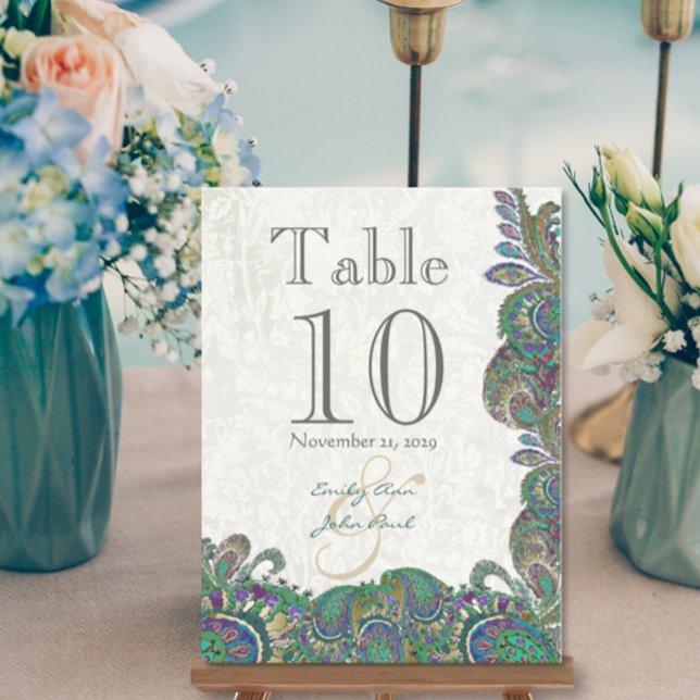 Peacock Colors Paisley Wedding Table Number Postcard (Creator Uploaded)