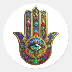 Peacock Colour Flower Petals Hamsa Green Third Eye Classic Round Sticker